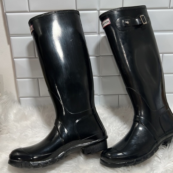 Hunter Original Back Adjustable Gloss Black Rain BOOTS Women's Size 9 - Picture 8 of 11